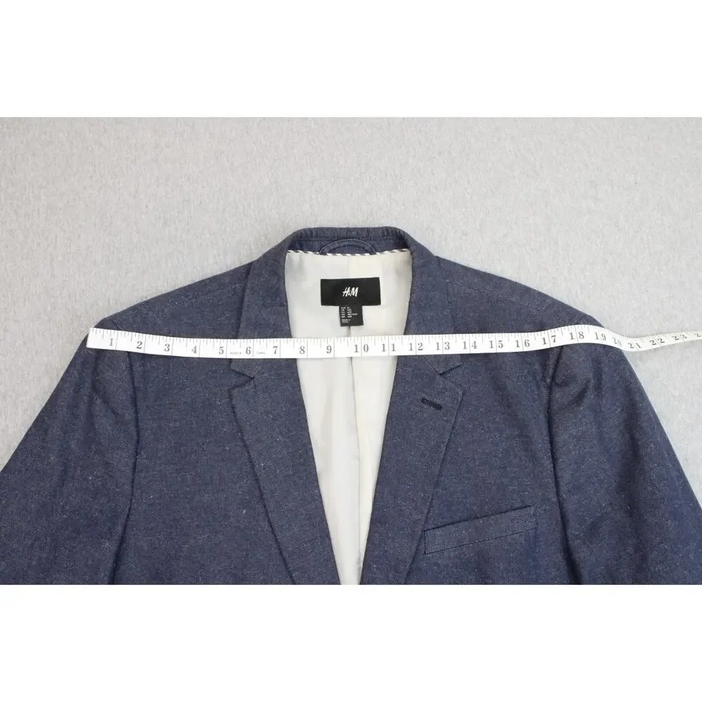 H&M Blazer Mens 42R Blue Cotton Linen Blend Single-Breasted 2-Buttons Lined